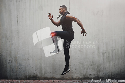 Image of Mockup, black man and fitness with knee pain, injury and sport accident with training. African American male, athlete and bodybuilder with muscle tension, emergency and workout with health problem
