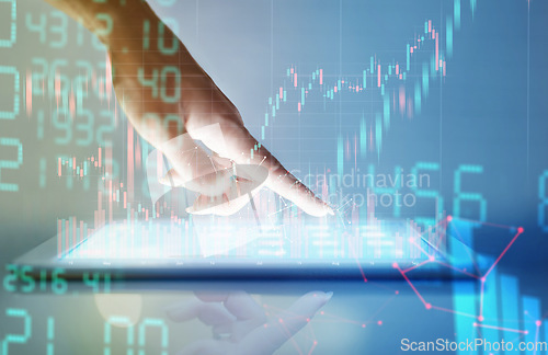 Image of Finance, hand with tablet for digital hologram and network connection for accounting software. Overlay or economy, stock market or connectivity and hands of a person for programming app