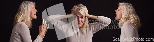 Image of Bipolar, mental health and woman scream on composite black background for schizophrenia, crazy face and identity crisis. Depression, psychology and lady hearing voice in her mind from trauma anxiety