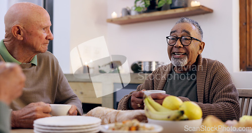 Image of Smile, tea party and a group of senior people in the living room of a community home for a social. Friends, retirement or conversation with elderly men and women together in an apartment for a visit