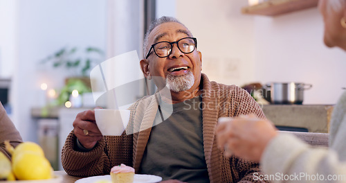 Image of Senior couple, drinking coffee and communication at home, discussion and talking in kitchen. Happy elderly people, conversation and speaking at night, laugh and funny joke together, talk and bonding