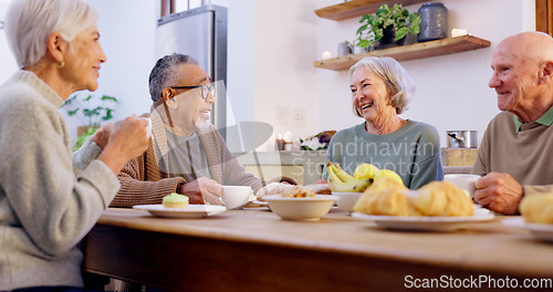 Image of Conversation, tea party and a group of senior people in the living room of a community home for a social. Friends, smile or retirement with elderly men and women together in an apartment for a visit