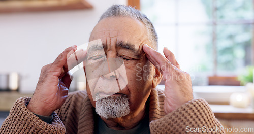 Image of Senior man, headache and anxiety in retirement, stress and migraine at home, tension or pain. Elderly person, healthcare problem and frustrated or worry, head and mental health or depression for loss