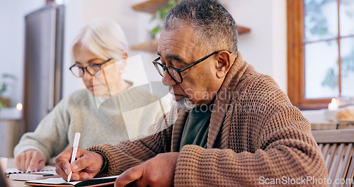 Image of Couple, paperwork and signing for insurance in retirement, reading and bills or documents. Senior people, marriage and plan and investment in future, papers and finance in kitchen, budget or audit