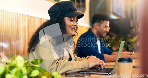 Image of People coworking in coffee shop, typing on laptop and remote work, reading email and internet in restaurant. Computer, freelancer and copywriter in cafe, woman and happy man writing blog or article