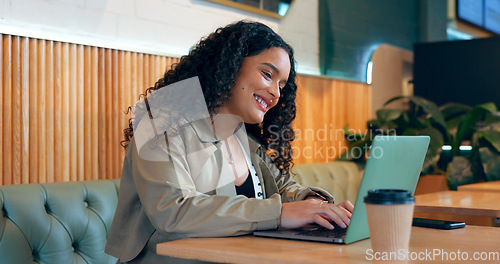 Image of Coffee shop, thinking and woman with a laptop, typing and connection with ideas, copywriting and planning. Person, freelancer and entrepreneur with a pc, cafe or project with email and brainstorming