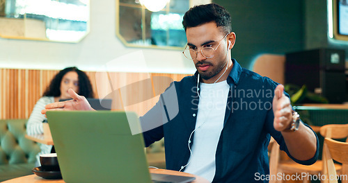 Image of Man, laptop and video call in cafe for remote work, online meeting and planning or networking for job opportunity. Freelancer talking on computer for virtual discussion at a restaurant or coffee shop