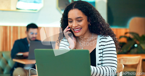 Image of Woman, phone call and laptop in cafe for remote work, communication or networking for business with smile. Face, person and smartphone or happy in coffee shop for copywriting, internet and freelancer