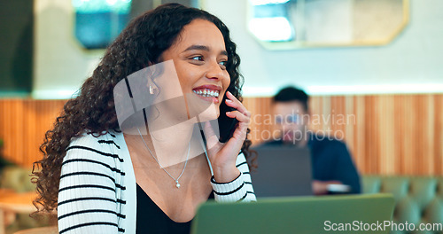 Image of Woman, phone call and happy in cafe for remote work, communication or networking for business. Face, person and smile with smartphone in coffee shop for copywriting, conversation and freelancer