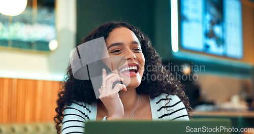 Image of Woman, phone call and happy in cafe for remote work, communication or networking for business with smile. Face, person and talking with smartphone in coffee shop for copywriting, chat and freelancer