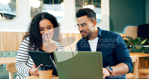 Image of People, laptop and tablet at cafe for teamwork, planning and collaboration in remote work project or business startup. Happy woman, man or freelancer with client on digital technology at coffee shop