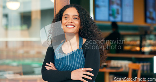 Image of Businesswoman, cafe and arms crossed with smile, manager and startup for store, coffee shop or restaurant. Portrait, entrepreneurship or waitress for retail, proud or confident at door, happy or open