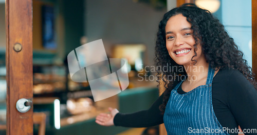 Image of Businesswoman, store and welcome with smile, waitress and startup for cafe, coffee shop and restaurant. Portrait, entrepreneurship and entrance for retail, proud and confident at door, happy and open