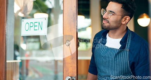 Image of Manager, small business or open sign on front door in cafe or restaurant for service or advertising. Ready, start or waiter by a board, poster or welcome message in entrance of diner or coffee shop