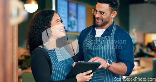 Image of Business owner, restaurant teamwork and tablet for waiter training, review sales and management in hospitality. Happy people, manager or barista on digital technology for cafe or coffee shop planning