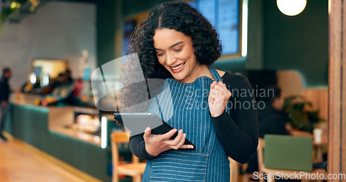 Image of Cafe, waitress and woman success on tablet of restaurant sales, online profit or customer service reviews. Happy worker, business owner or barista in yes for digital news, target or coffee shop goals