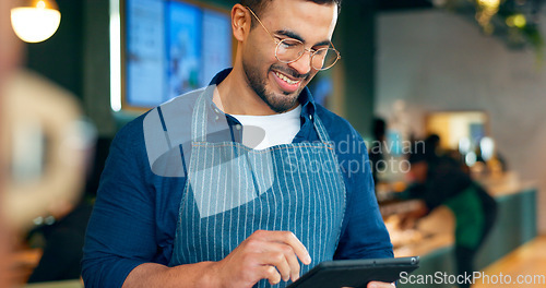 Image of Cafe, happy man and barista on tablet of restaurant sales, online management or customer service reviews. Entrepreneur, waiter or small business owner reading digital technology for coffee shop data