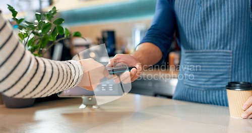 Image of Credit card, machine or hands of customer in cafe with cashier for shopping, sale or checkout. Payment technology, bills or closeup of person paying for service, coffee or tea in restaurant or diner