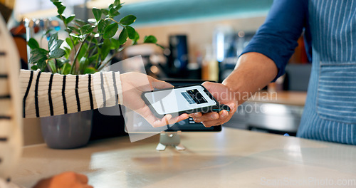 Image of Hands, phone and pos in cafe, payment and fintech app for discount, deal or services with help in store. People, smartphone and machine for point of sale, banking and digital currency in coffee shop