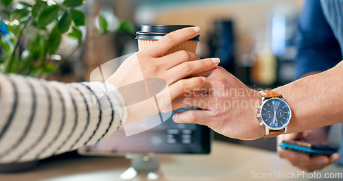 Image of Hands, barista or customer order at coffee shop for service, drink or help in counter payment in cafe. Serving, closeup or person in small business restaurant giving a tea cup to client at checkout