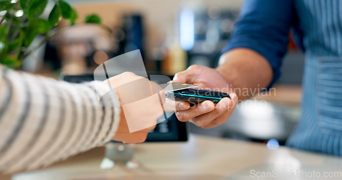 Image of Credit card, fintech or hands of customer in cafe with cashier for shopping, sale or checkout. Payment machine, bills or closeup of person paying for service, coffee or tea in restaurant or diner