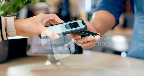 Image of Cashier, customer and phone for POS machine for restaurant fintech, digital payment and easy checkout services. Barista or people hands at point of sale counter with mobile app tap or scan at cafe