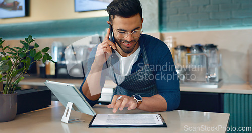 Image of Barista, phone call or documents for restaurant, cafe logistics or coffee shop management. Supply chain checklist, manager or man in mobile communication for stock inventory in startup with paperwork