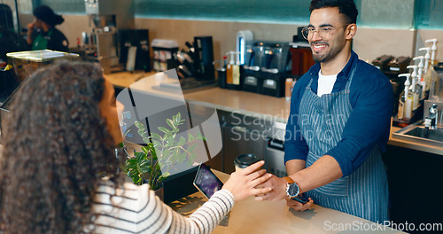 Image of Coffee, payment or happy customer in cafe with barista for shopping, sale or service in checkout. Machine, bills or friendly cashier giving espresso, beverage or tea drink to a woman in restaurant