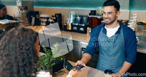 Image of Cashier, customer and credit card for POS, coffee shop fintech or digital payment in cafe or business services. Barista or people at point of sale counter with machine, tap or scan for drink order