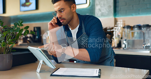 Image of Business owner, phone call and tablet for restaurant, cafe order or catering logistics in startup. Supply chain checklist, manager or man in mobile communication for stock inventory in coffee shop