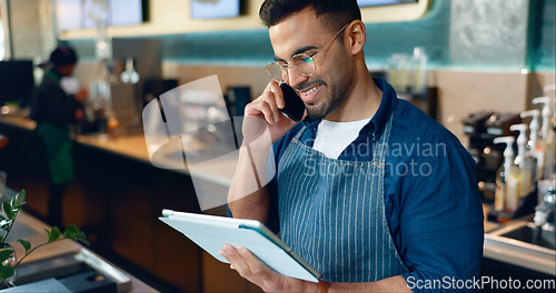 Image of Phone call, restaurant or manager on tablet for small business logistics, social media update or sale. Barista, listen or happy man reading on technology app for coffee shop order in cafe startup