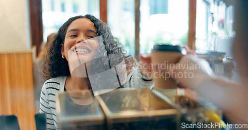 Image of Happy woman, barista or customer order at cafe for service, payment or tea cup on counter at coffee shop. Serving, waitress pov or employee in small business restaurant helping a client at checkout