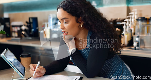 Image of Business owner, phone call or writing for cafe order, restaurant logistics or food management. Supply chain checklist, notebook or woman in mobile communication for stock inventory in coffee shop