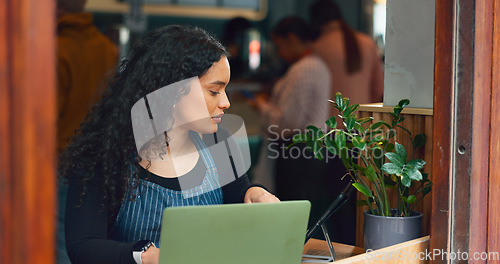 Image of Tablet, small business or laptop in coffee shop for work schedule, stock or inventory check. Management, woman or manager with technology for website, email or online app system in cafe or restaurant