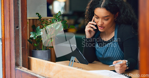 Image of Document, woman talking or phone call for cafe order, restaurant logistics or supply chain. Tablet, barista or manager speaking of price checklist in communication for stock inventory in coffee shop