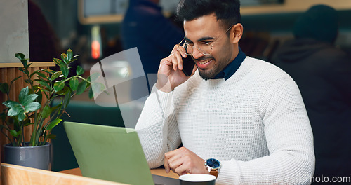 Image of Man, phone call and laptop at cafe for remote work, communication and planning or talking of website design. Freelancer on mobile, voip chat and computer for internet at coffee shop or restaurant