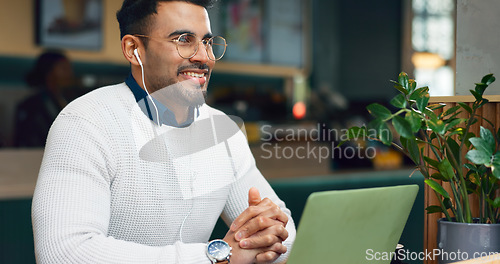 Image of Coffee shop, thinking and man with a laptop, smile and connection with inspiration, ideas and planning. Person, freelancer and entrepreneur with a pc, cafe or project with copywriting and relax