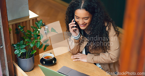 Image of Woman, phone call and remote work in cafe with smile for communication, networking and research with laptop. Journalist girl, computer and smartphone for contact, coffee shop and happy for story