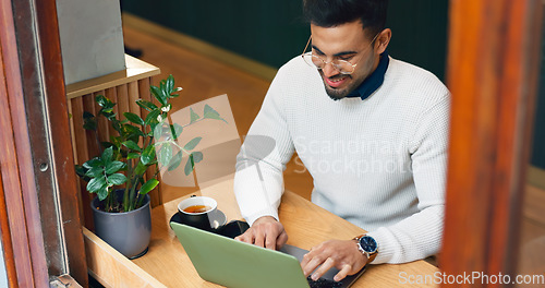 Image of Cafe, thinking and man with a laptop, typing and connection with inspiration, copywriting and planning. Person, freelancer or entrepreneur with a pc, coffee shop or project with creativity or startup