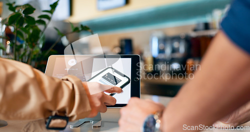 Image of Hands, phone and pos in restaurant, payment and fintech app with digital credit card, deal and services in store. People, smartphone and machine for point of sale, banking and tablet in coffee shop