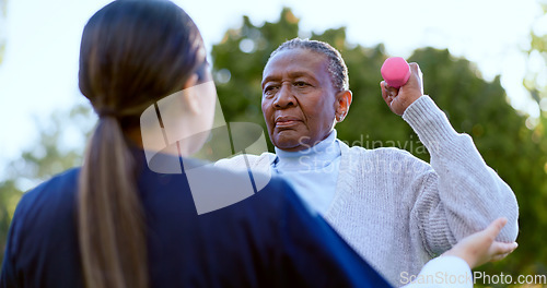 Image of Dumbbell, exercise and a senior black woman with a nurse outdoor in a garden together for physiotherapy. Fitness, health or wellness with an elderly patient and medical nurse in the yard to workout