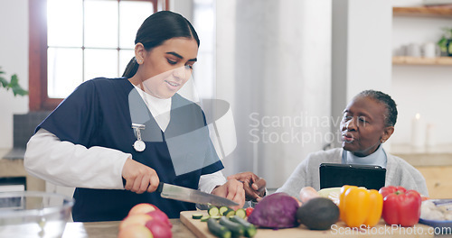 Image of Caregiver, cooking and senior woman in home with healthy food, vegetables and nutrition in healthcare. Retirement, nurse and helping elderly person in kitchen with diet and online recipe on tablet