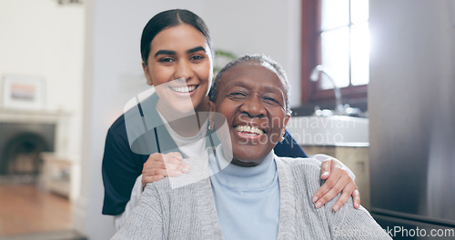 Image of Smile, healthcare and portrait of nurse with patient in a wheelchair for discussion at nursing home. Medical career, happy and young female caregiver with senior black woman with disability in house.