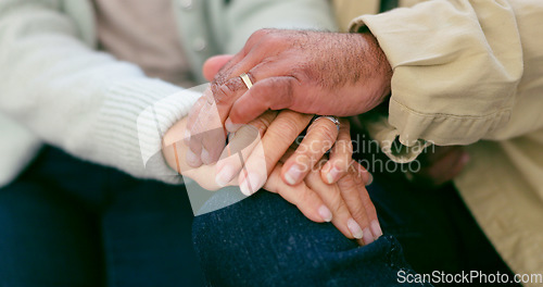 Image of Love, closeup and senior couple holding hands in conversation together for bonding at home. Comfort, empathy and elderly man and woman in retirement with compassion and romance at modern house.