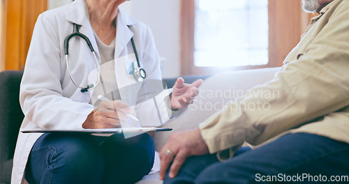 Image of Senior man, doctor and clipboard for consultation, discussion and checkup in nursing home. Elderly person, medical professional and diagnosis or advice, exam and results for healthcare in retirement