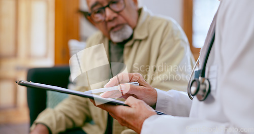 Image of Senior man, doctor and clipboard for healthcare, discussion and checkup in nursing home. Elderly person, medical professional and diagnosis or advice, exam and results for consultation in retirement