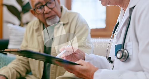 Image of Senior man, doctor and clipboard for discussion, healthcare and checkup in nursing home. Elderly person, medical professional and diagnosis or advice, exam and results for consultation in retirement