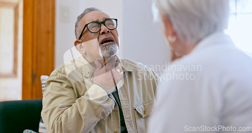 Image of Senior man, doctor and sore throat with pain, consultation and checkup in nursing home. Elderly person, medical professional and thyroid problem or sick, exam and trust for healthcare in retirement
