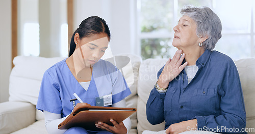 Image of Nurse, writing and elderly woman with neck pain, throat cancer and sick from medical infection, virus or thyroid. Home service, problem and caregiver with medical survey notes, assessment or report