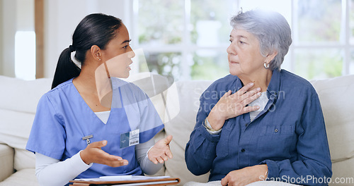 Image of Throat, consulting and nurse with senior woman on sofa for medical care, support and service. Healthcare, retirement home and caregiver with elderly patient for insurance, documents and report